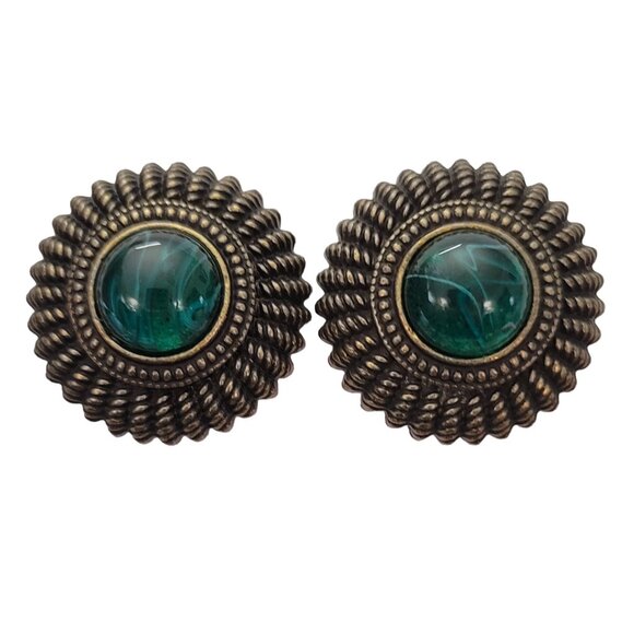 Ben Amun Flawed Emerald Green Glass Cab Clip-On Earrings, Signed E639 - Picture 1 of 14
